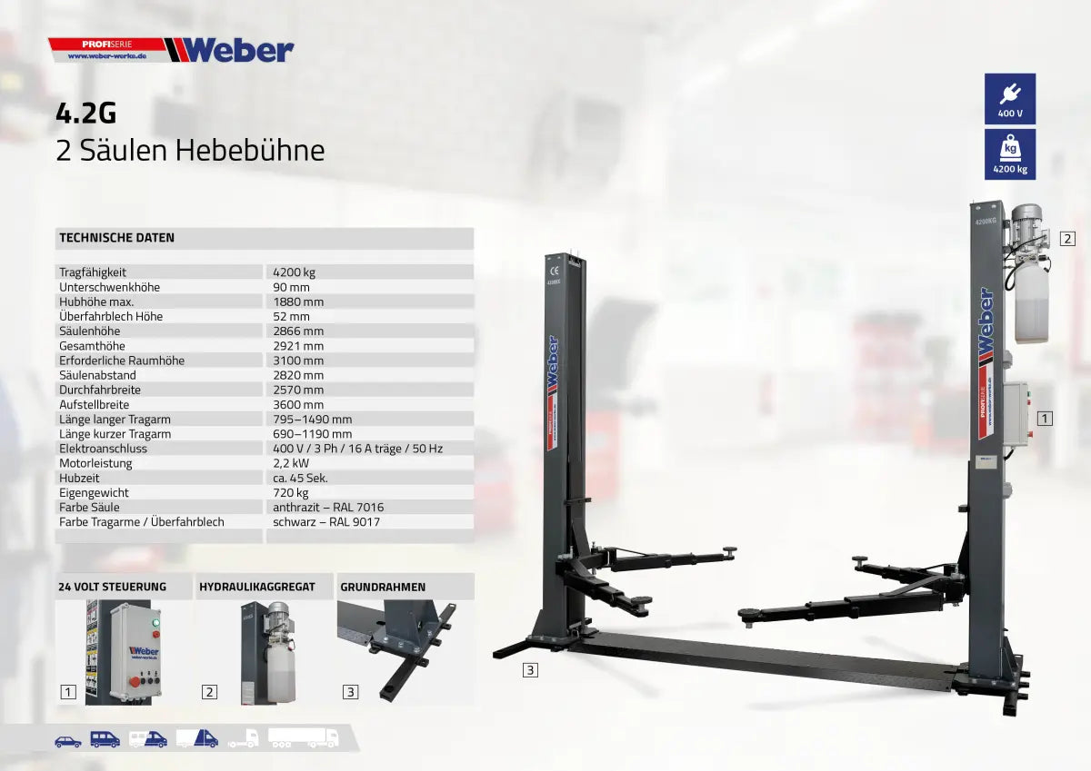 2-Post Lift Weber Profi Series 4.2G with Base Frame