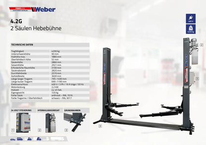2-Post Lift Weber Profi Series 4.2G with Base Frame