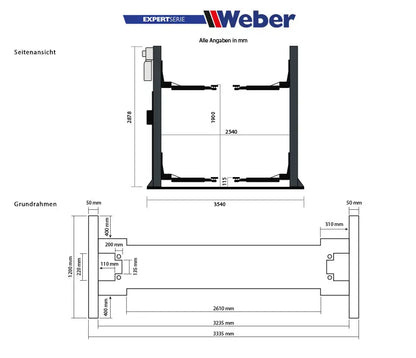 2 Säulen Hebebühne Weber Expert Serie Autolift 4.0G mit Grundrahmen