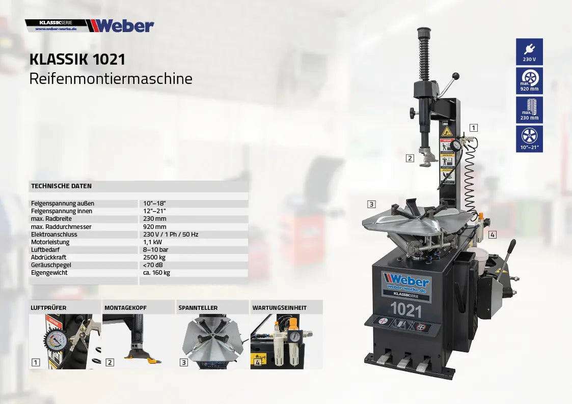 PKW Reifenmontiermaschine 1021 und Radwuchtmaschine "ECO" inkl. Werkstattkompressor 230 V / 10 bar / 50 l Tank