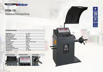 PKW Reifenmontiermaschine Weber STM-75 und Radwuchtmaschine STW-75 inkl. Hilfsmontagearm rechts