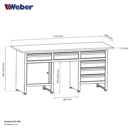 Werkbank mit 6 Schubladen, Schließfach und 171 x 60 cm Holzarbeitsplatte